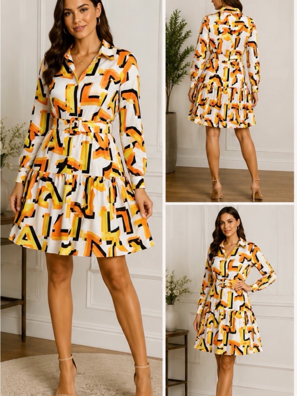 Karl Lagerfeld White Shirt Dress with Yellow, Orange and Black Abstract Print